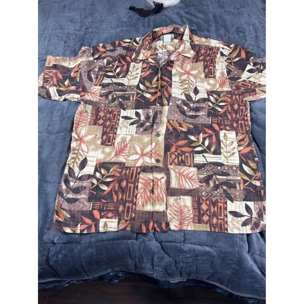 Reyn Spooner Regency Silk Jacquard Hawaiian Shirt Brown Tropical Patchwork Small
